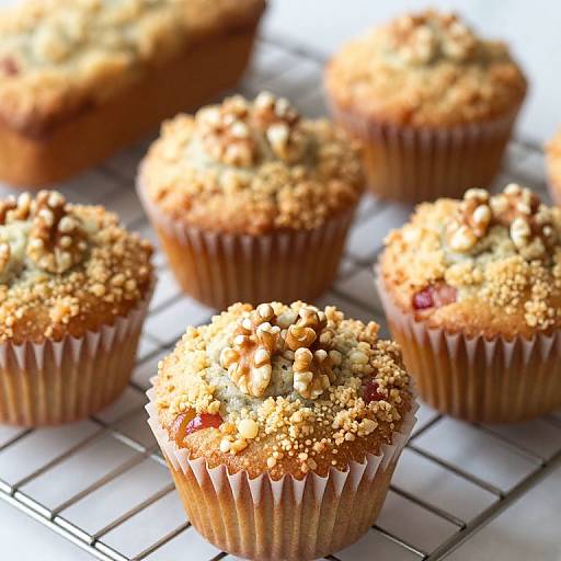 Photograph of six golden-brown, crumb-topped muffins with nuts and fruit, cooling on a metal rack. Crumbly tops and