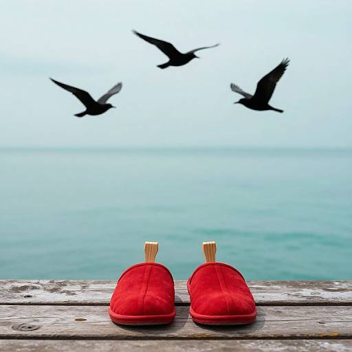 Photograph: Red baby shoes with wooden tabs on a weathered wooden dock, overlooking a calm blue sea, with three black birds flying in the sky