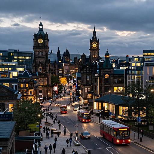 Photograph of a bustling city street at dusk, featuring illuminated clock towers, red buses, pedestrians, and modern buildings under a cloudy sky.