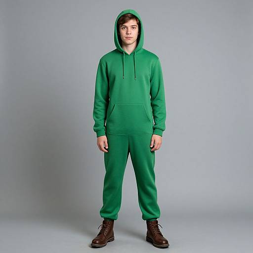 Photograph of a young man standing against a light blue background, wearing a green hooded onesie with matching pants and brown boots.