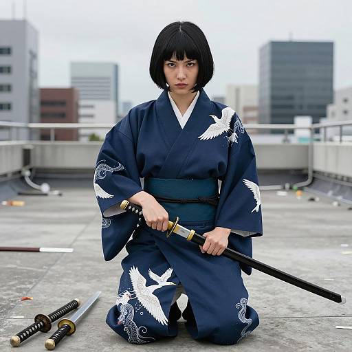 Asian Woman in Kimono Holding Katana on Rooftop