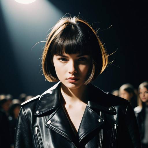 Young Woman with A-Line Bob Hairstyle in Leather Jacket