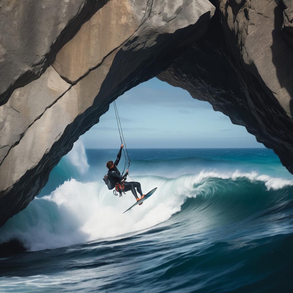 Surfer Climbing Rocks in High-Stakes Action