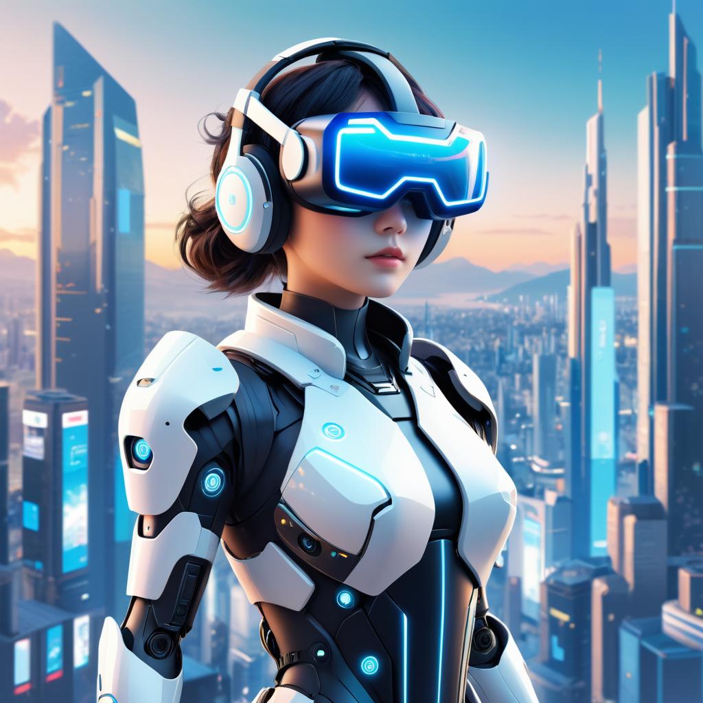 Charming Robotic Girl in VR Cityscape