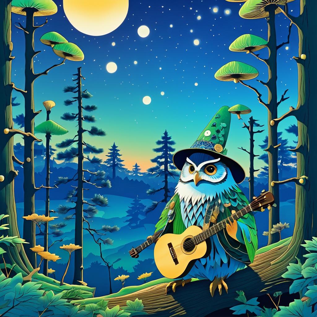 Owl Guitarist in a Mushroom Forest