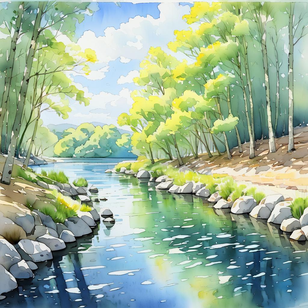 Serene Willow Riverbank in Watercolor