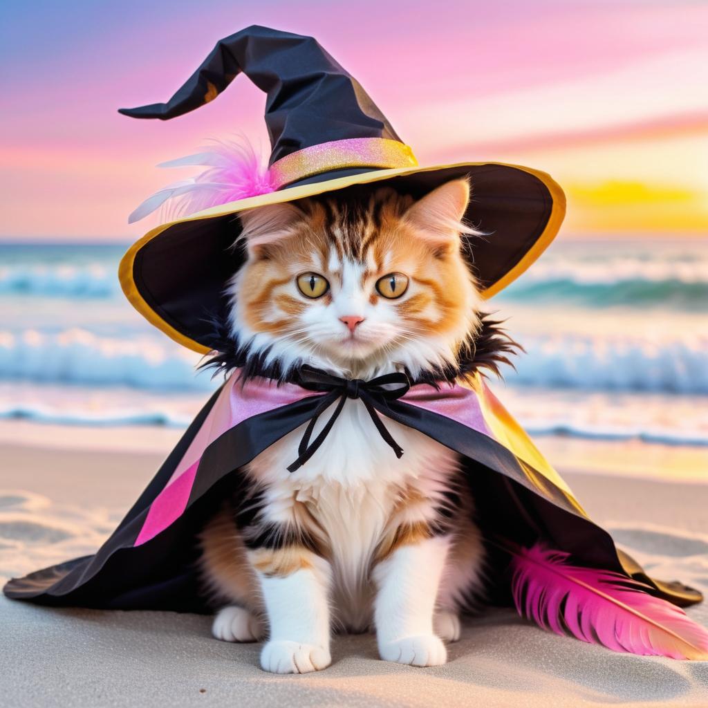 Whimsical Cat Sorcerer at the Beach