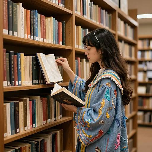 Photograph of a young woman with long dark hair, wearing a colorful embroidered blue sweater, browsing books in a library.