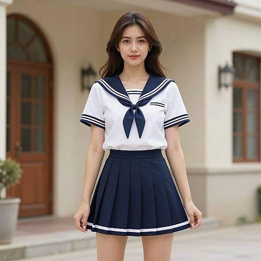 Photograph of an Asian woman with long brown hair, wearing a white sailor-style school uniform with black trim and a black pleated skirt, standing in