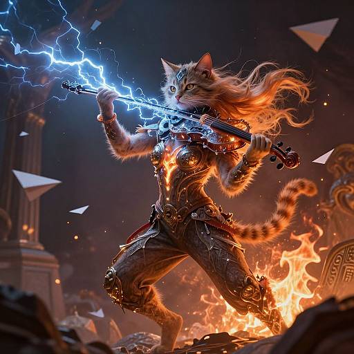 Digital artwork of a fierce, armored, anthropomorphic cat wielding a lightning-infused bow, surrounded by flames and paper planes in a dark, burning arena