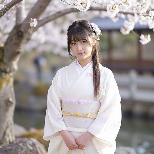 Young Woman in White Kimono Under Cherry Blossoms