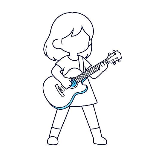 Black-and-white line drawing of a child with shoulder-length hair playing an acoustic guitar with a blue pickguard. Simple, minimalist style.