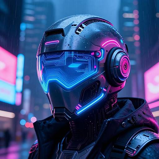 Neon Cyberpunk Helmet in Rainy City