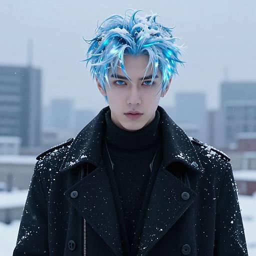 Digital anime-style portrait of a pale-skinned, blue-haired young man with intense eyes, wearing a black coat and turtleneck, standing in a
