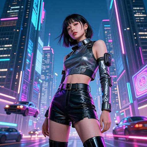Photorealistic digital art of an Asian woman with short black hair in a neon-lit city, wearing a black leather crop top, shorts, and