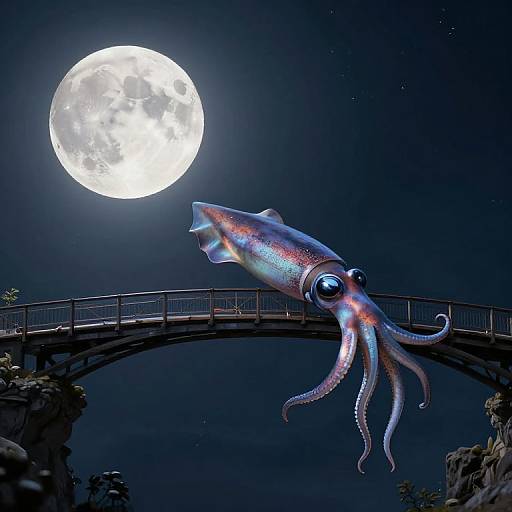 Photorealistic digital art: Glowing blue-purple squid with large eyes flying under a moonlit bridge against a starry night sky.