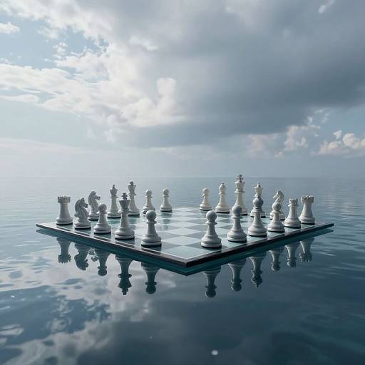 Photograph of a white chessboard with pieces floating on calm, reflective ocean water under a bright, cloudy sky.