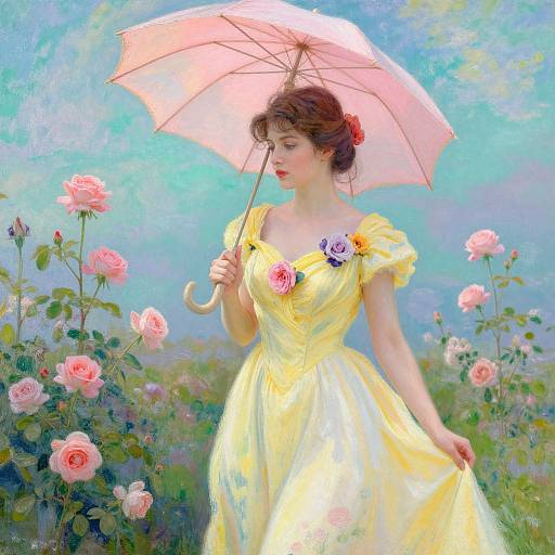Digital painting of a fair-skinned woman with brown hair, wearing a yellow off-shoulder dress, holding a pink umbrella, surrounded by pink roses