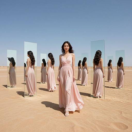 Photograph of an Asian woman with long black hair in a flowing pink dress, standing in a desert with multiple mirrored panels reflecting her image under a clear