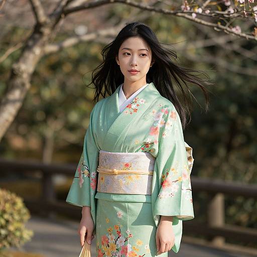 Photograph of an Asian woman with long black hair, wearing a light green floral kimono, standing outdoors in a cherry blossom garden.