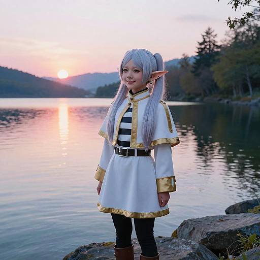 Photograph of an Asian girl with long silver hair and elf ears, in white and gold fantasy outfit, standing by a serene lake at sunset.