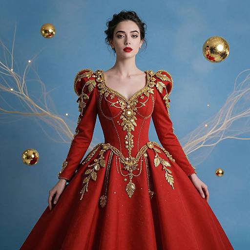 Photograph of a pale-skinned woman with dark hair in an elaborate red gown with gold embroidery, standing against a blue background with floating golden balls and
