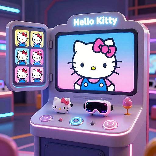 Photograph of a neon-lit Hello Kitty arcade machine with a screen showing Hello Kitty's face, character portraits, and colorful buttons.