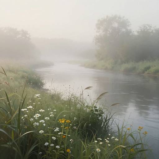Photograph of a misty riverbank with white daisies, yellow flowers, and green grass, reflecting in the calm water, surrounded by fog