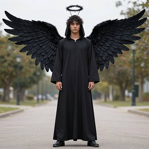 Photograph of a young man in a black angel costume with large wings, halo, and hooded robe, standing on a suburban street.