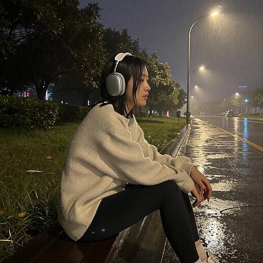 Woman in Rainy Park at Night