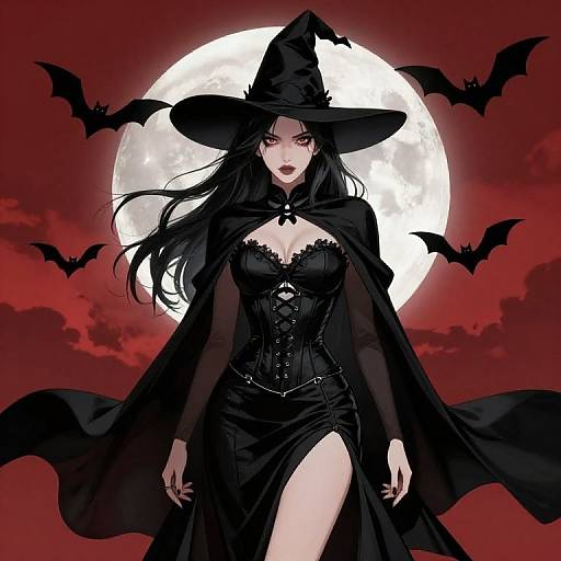Digital anime-style illustration of a sexy black-haired witch with large hat, black corset dress, and cape, surrounded by bats against a full moon in