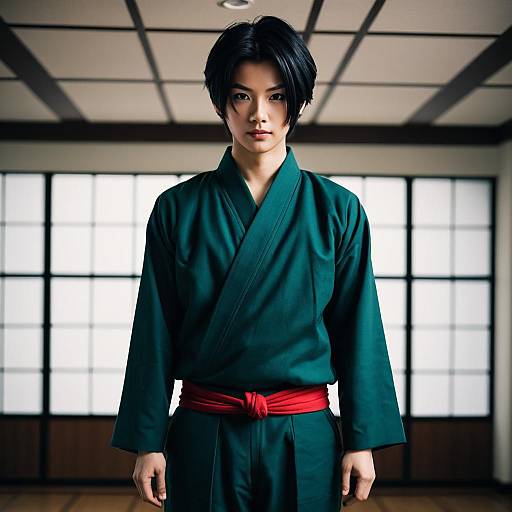 Young Man in Traditional Kimono with Red Obi Belt
