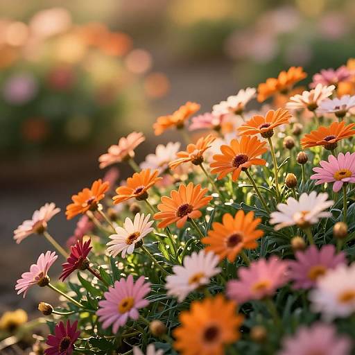 Photograph of a vibrant garden bed filled with orange, pink, and white daisies, bathed in warm, golden sunlight, with a blurred