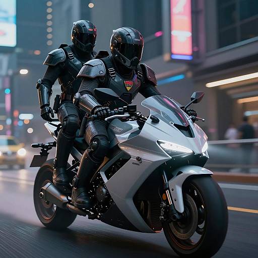 Two Cyborg Ninjas Riding Armored Hover Bike in Futuristic City