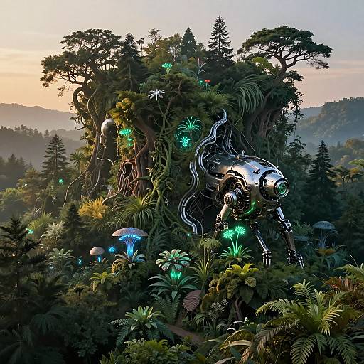 Digital artwork of a futuristic, metallic treehouse embedded in a lush, dense forest with glowing bioluminescent plants at sunset.