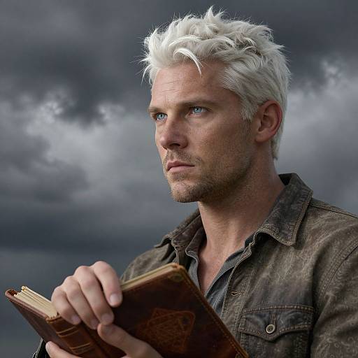 Photograph of a serious, white-haired, blue-eyed man with a rugged jawline, wearing a denim shirt, holding an old book against a dramatic