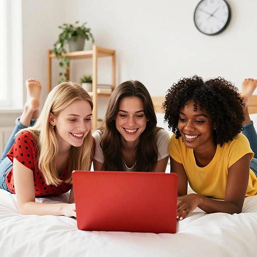 Three Women Smiling at Red Laptop