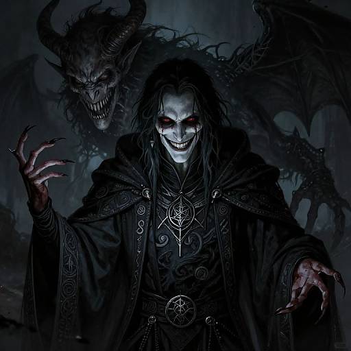 Digital artwork of a sinister, pale-skinned demon with glowing eyes, black cloak, and intricate robes, standing menacingly with a grinning face and