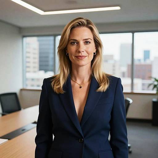 Photograph of a blonde woman with shoulder-length hair, wearing a navy blue blazer with a deep neckline, standing in a modern office with large windows