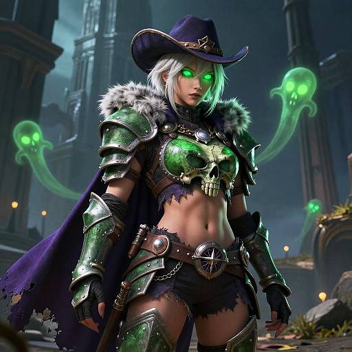Digital artwork of a white-haired, green-eyed, armored witch with a purple hat, glowing green skull chest piece, and fur-trimmed cape,