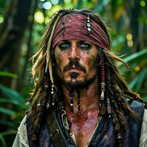 Photograph of a rugged pirate with blue eyes, long dreadlocked hair, red headband, beard, and blood-stained face, standing in a