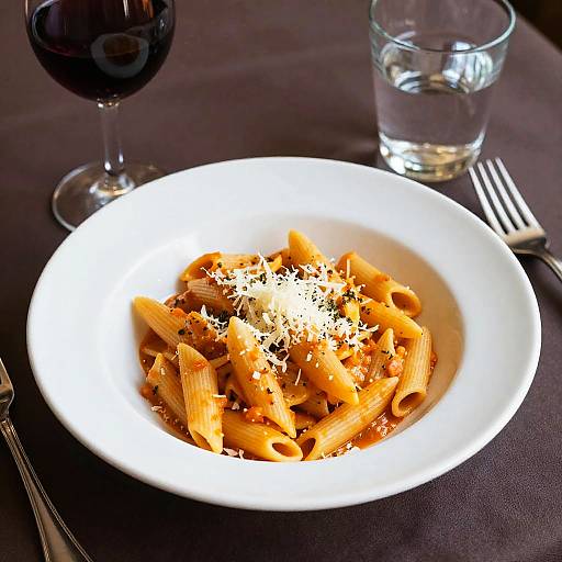 Photograph of a white bowl containing penne pasta with tomato sauce, topped with grated cheese, on a dark tablecloth. Background includes a glass of