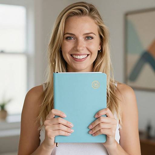 Smiling Blonde Woman with Travel Journal