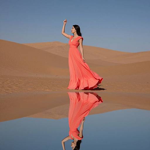 Photograph of a woman in a flowing red dress standing in a desert, with her reflection in a still water pool beneath her, under a clear blue