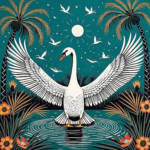 Gond Swan Spreading Wings, Monochrome Teal