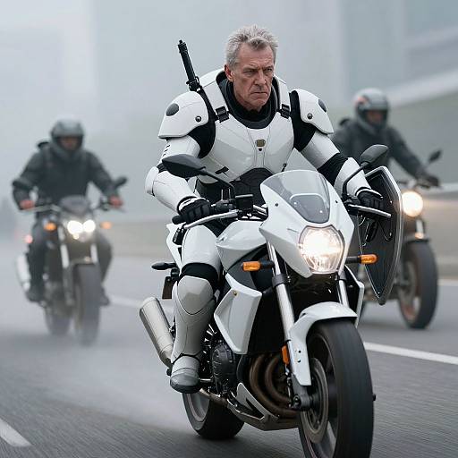 Futuristic Warrior on White Motorcycle