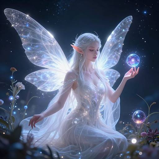 Digital fantasy artwork: A glowing, ethereal fairy with translucent wings and white hair holds a sparkling orb in a starry, floral night scene.