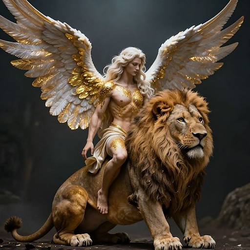 Digital art of a golden-winged, white-haired goddess with flowing hair riding a majestic, regal lion against a dark, dramatic background.