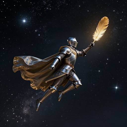 Digital artwork of a silver-armored knight with a flowing cape, holding a glowing feather, soaring through a starry night sky.