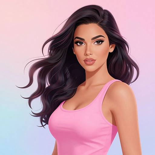 Digital illustration of a beautiful woman with long, wavy black hair, wearing a pink tank top, against a gradient pink to blue background.